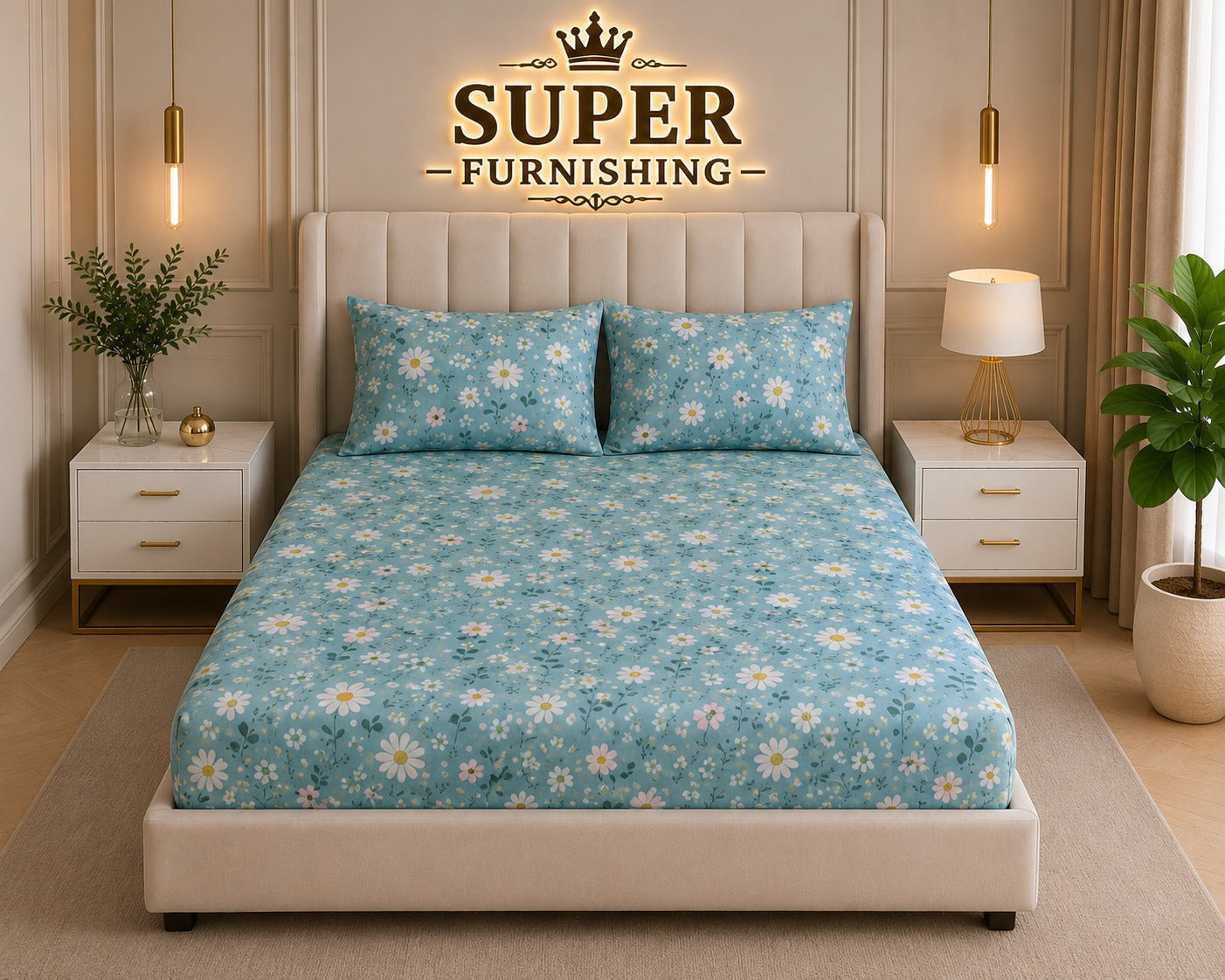Blue Floral Cotton Elastic Fitted King Size Double Bed Bedsheet with 2 Pillow Covers - SUPER FURNISHING  BUY 1 GET 1 FREE