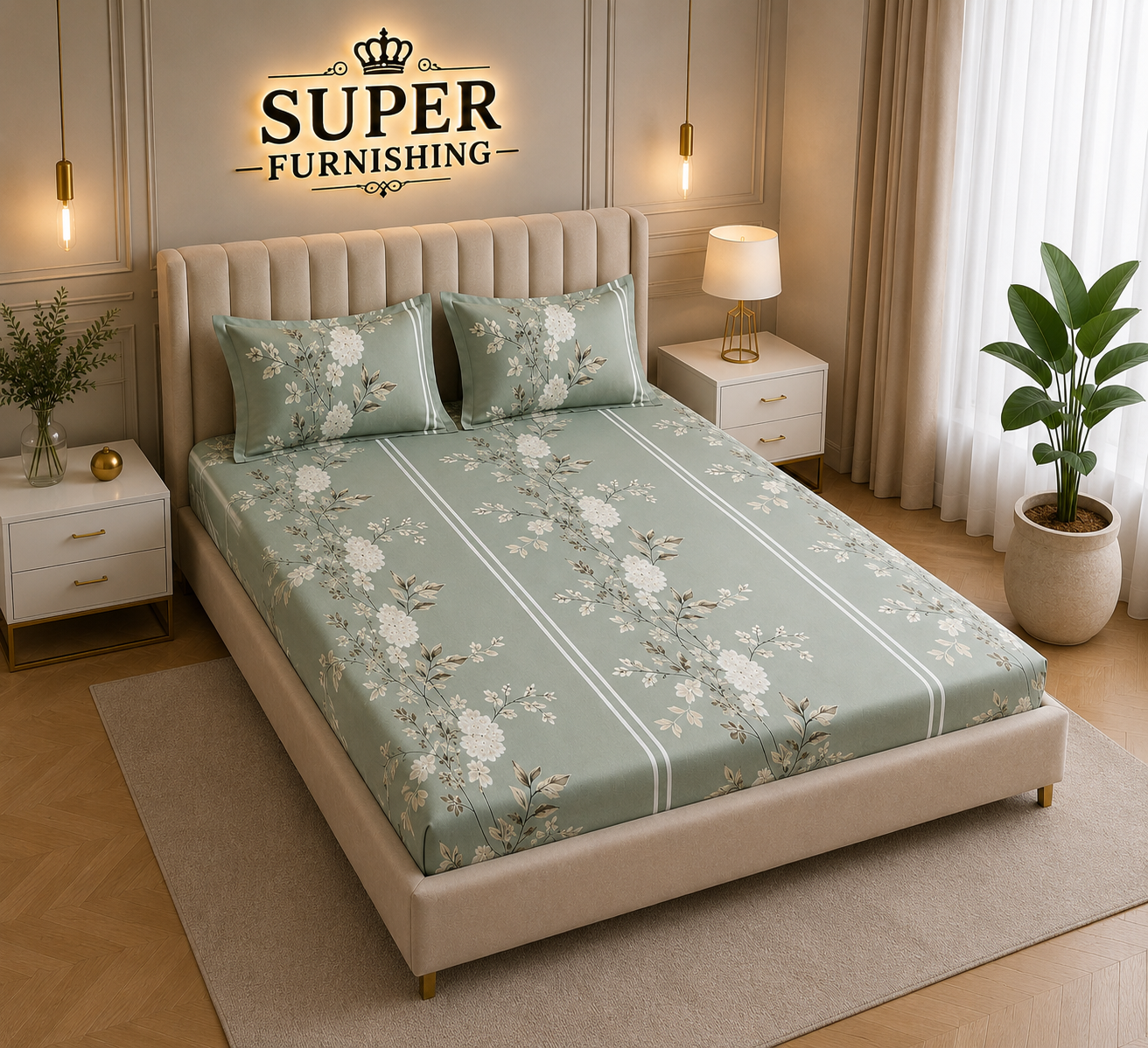 Light Green Cotton Blend Elastic Fitted King Size Double Bed Bedsheet with 2 Pillow Covers SUPER FURNISHING BUY 1 GET 1 FREE