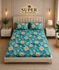 Light Green Cotton Blend Elastic Fitted King Size Double Bed Bedsheet with 2 Pillow Covers SUPER FURNISHING BUY 1 GET 1 FREE