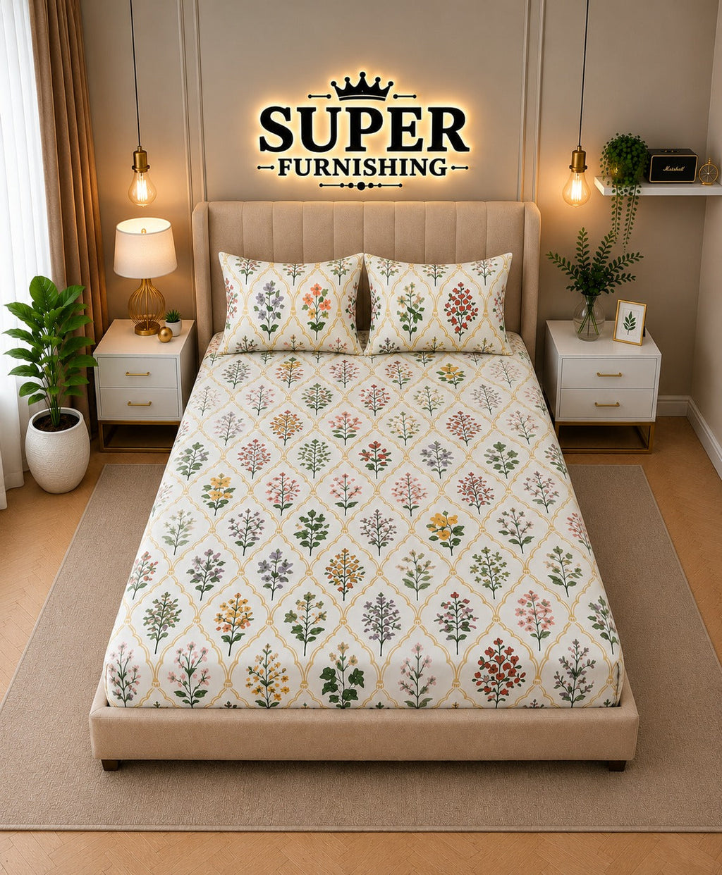 Ceramica Cotton Blend Elastic Fitted King Bedsheet with 2 Pillow Covers - SUPER FURNISHING  BUY 1 GET 1 FREE