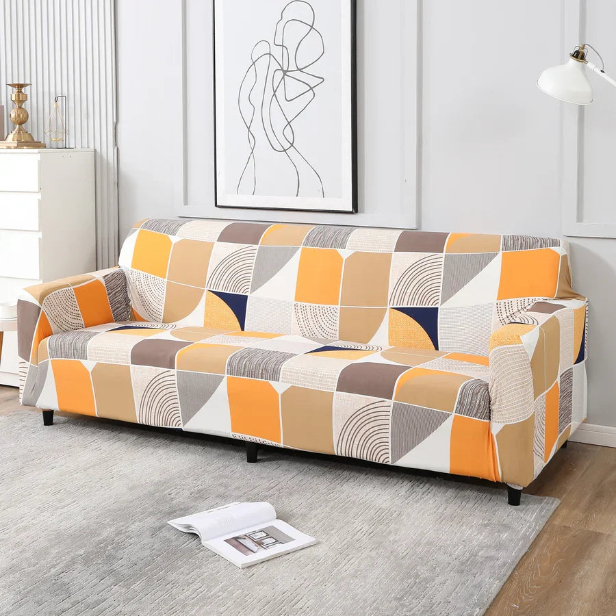 ORANGE SQUARE ABSTRACT-Luxury Quality Strechable & Dust-proof Sofa Cover