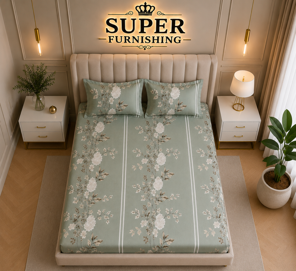 Light Green Cotton Blend Elastic Fitted King Size Double Bed Bedsheet with 2 Pillow Covers SUPER FURNISHING BUY 1 GET 1 FREE