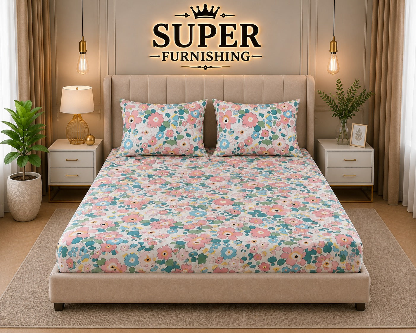 White Floral Cotton Blend Elastic Fitted King Bedsheet with 2 Pillow Covers- Super Furnishing  BUY 1 GET 1 FREE
