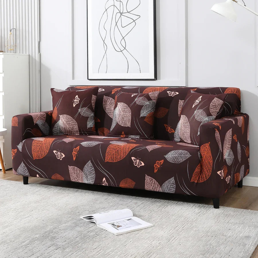 Sofa Cover-Maroon Leaf - Luxury Quality Strechable & Dust-proof Sofa Cover
