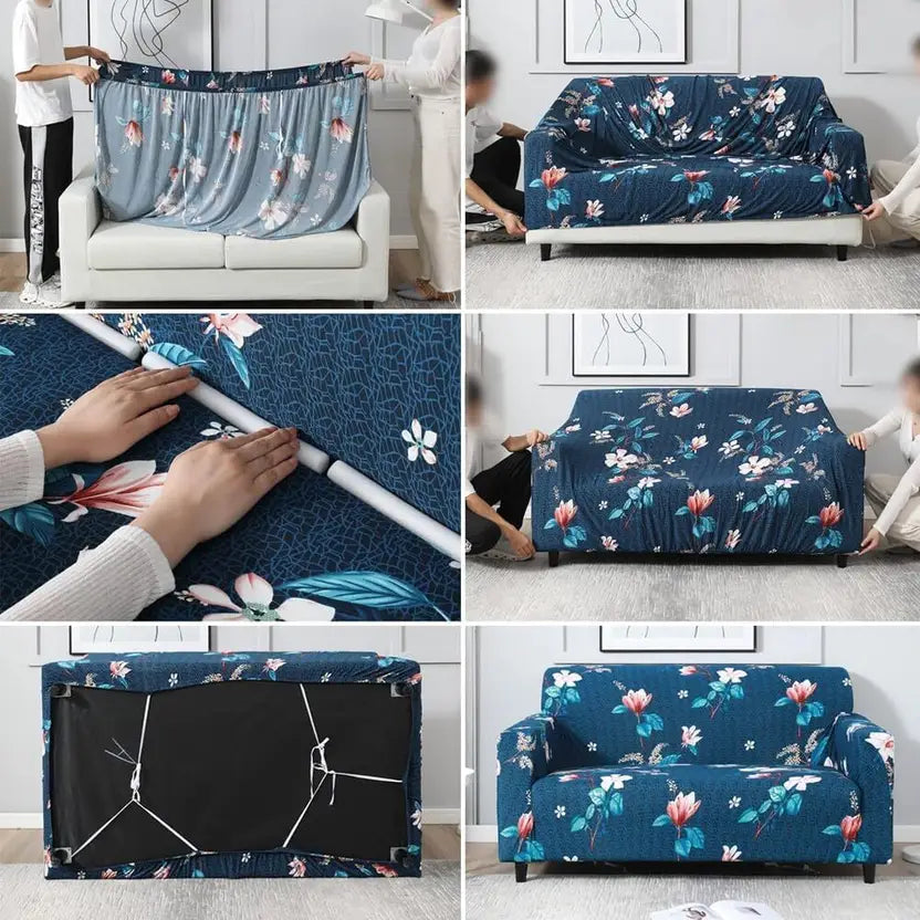 L Shape Sofa Cover- Floral Blue - Luxury Quality Strechable & Dust-proof Sofa Cover