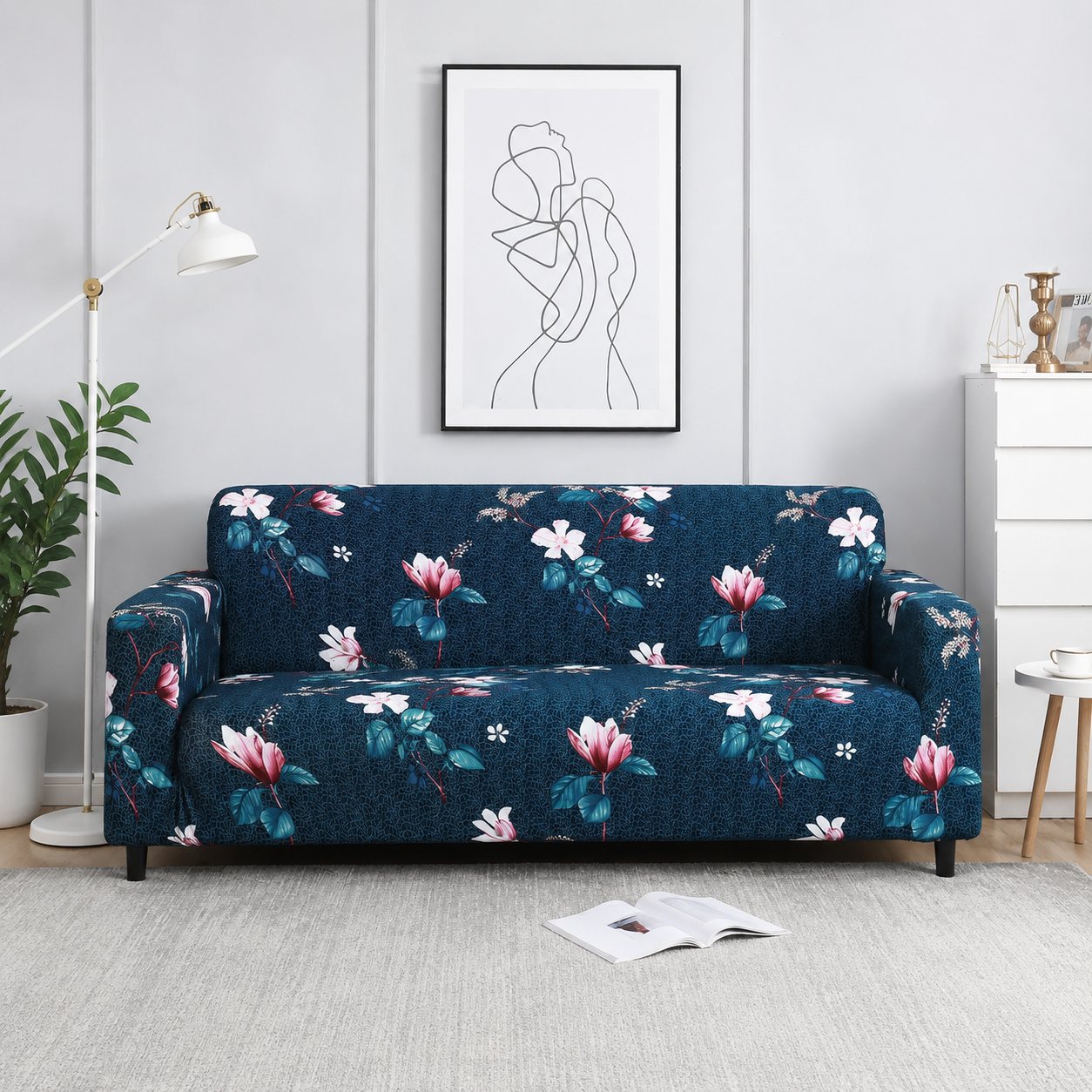 Sofa Cover- Blue Flooral - Luxury Quality Strechable & Dust-proof Sofa Cover