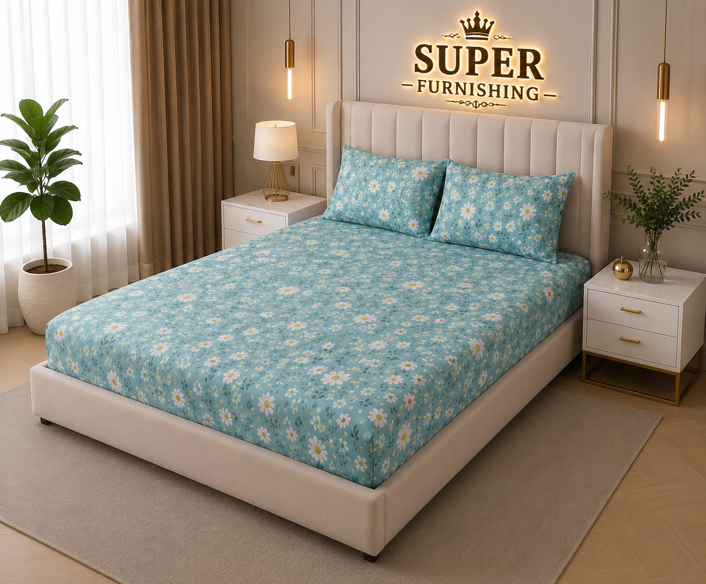 Blue Floral Cotton Elastic Fitted King Size Double Bed Bedsheet with 2 Pillow Covers - SUPER FURNISHING  BUY 1 GET 1 FREE