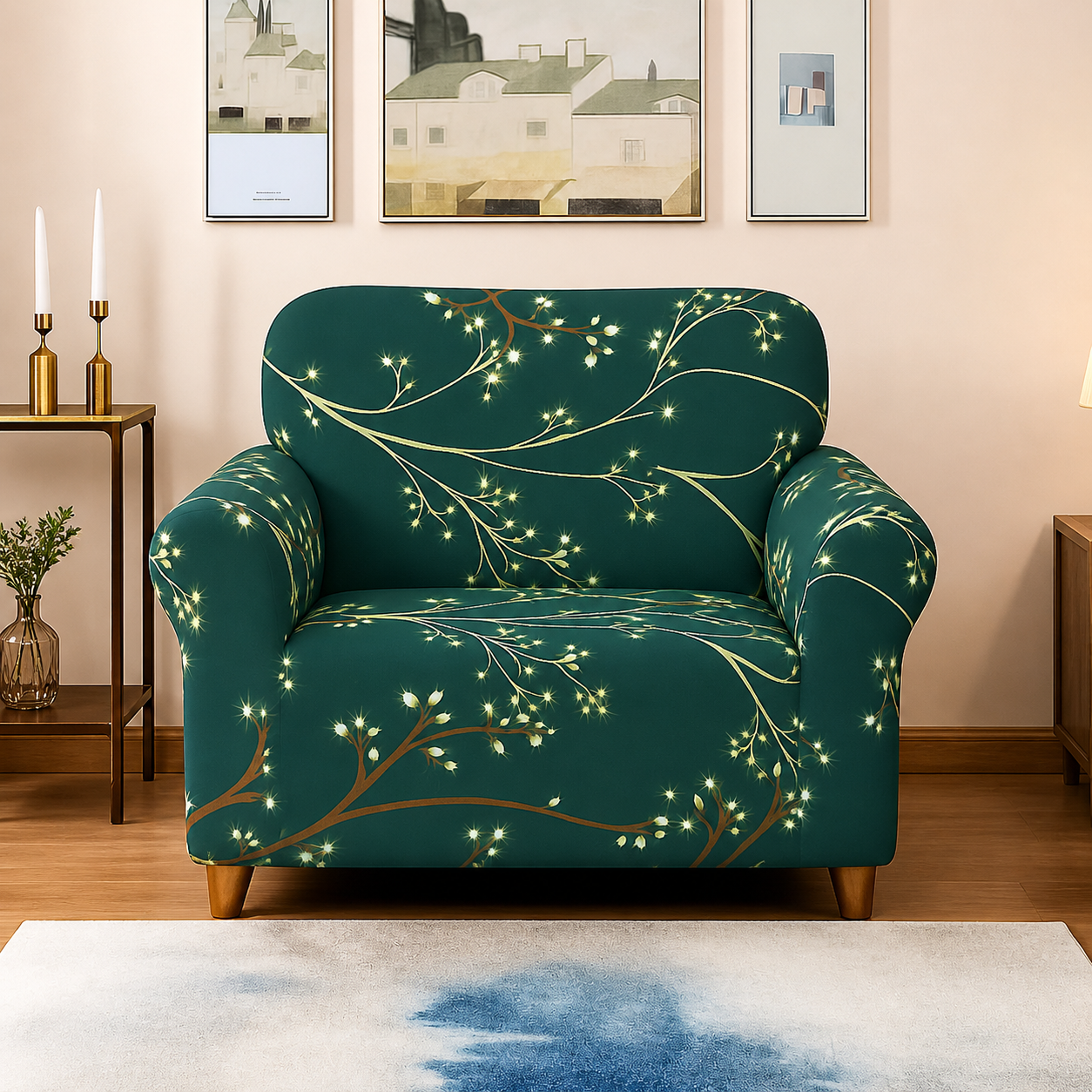 Sofa Cover- Leaf Olive Green - Luxury Quality Strechable & Dust-proof Sofa Cover