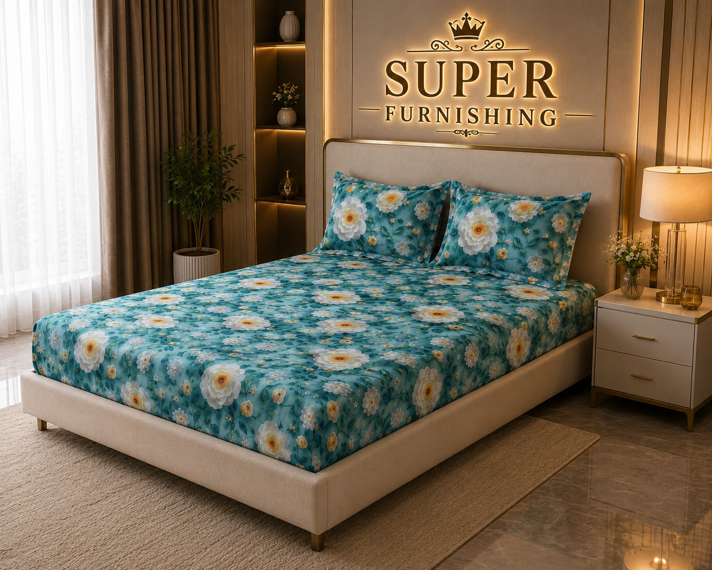 Light Green Cotton Blend Elastic Fitted King Size Double Bed Bedsheet with 2 Pillow Covers SUPER FURNISHING BUY 1 GET 1 FREE