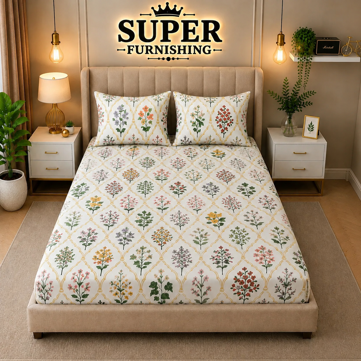 Ceramica Cotton Blend Elastic Fitted King Bedsheet with 2 Pillow Covers - SUPER FURNISHING  BUY 1 GET 1 FREE
