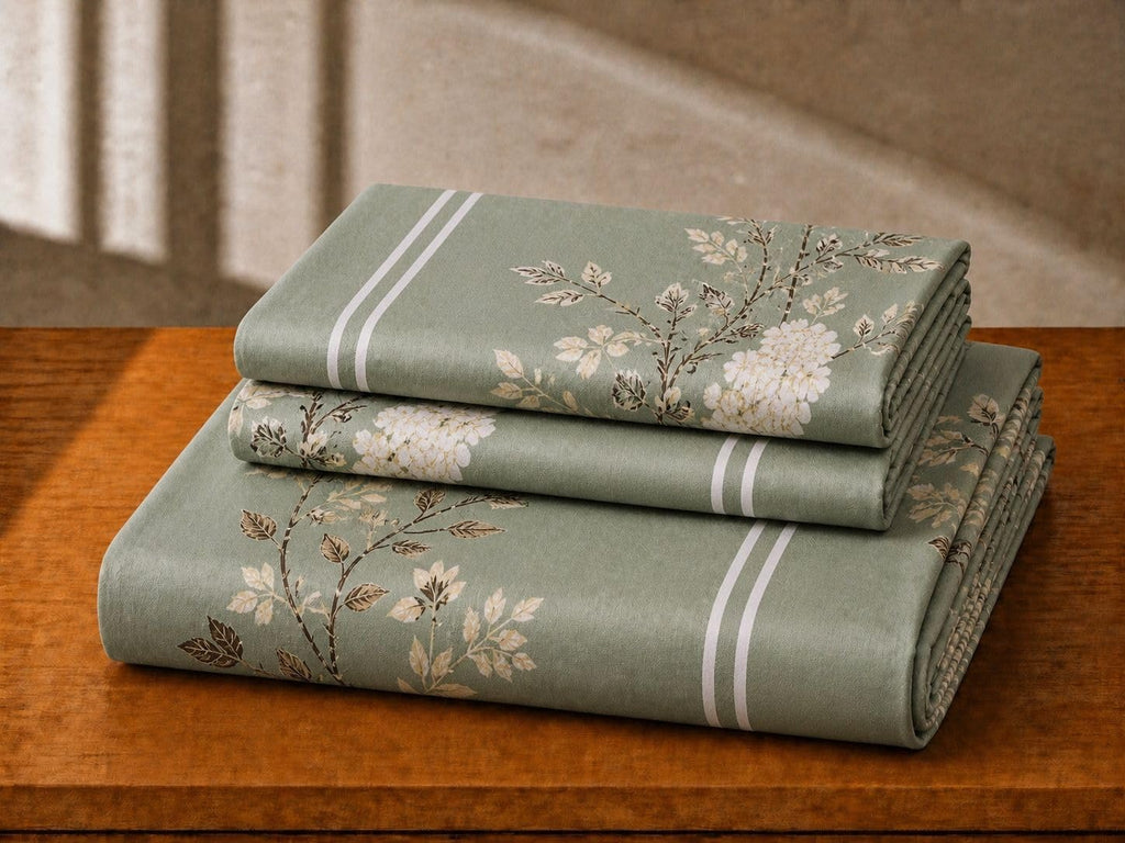 Sage Green Floral Cotton Blend Elastic Fitted Bedsheet with 2 Pillow Covers – SUPER FURNISHING  BUY 1 GET 1 FREE