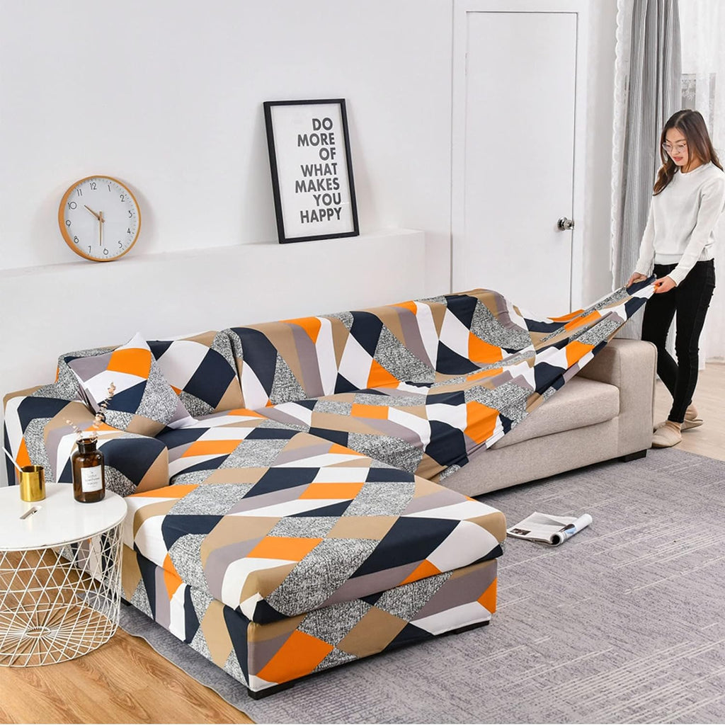 L Shape Sofa Cover-Prism Orange - Luxury Quality Strechable & Dust-proof Sofa Cover