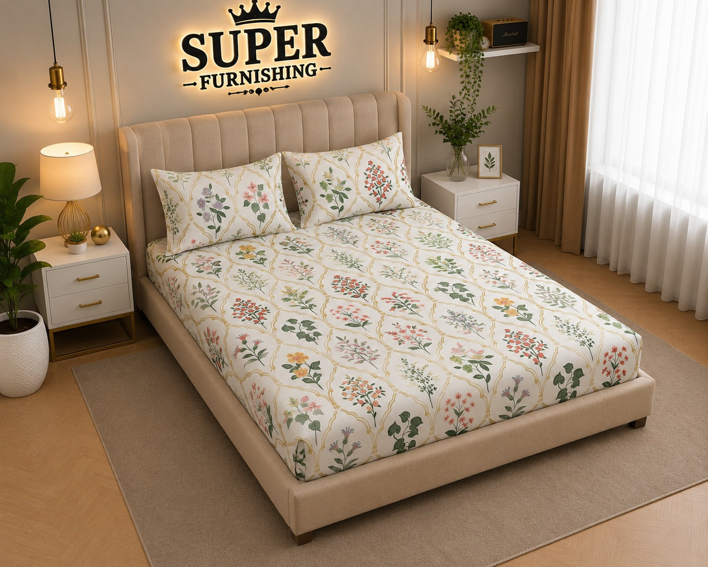 Ceramica Cotton Blend Elastic Fitted King Bedsheet with 2 Pillow Covers - SUPER FURNISHING  BUY 1 GET 1 FREE