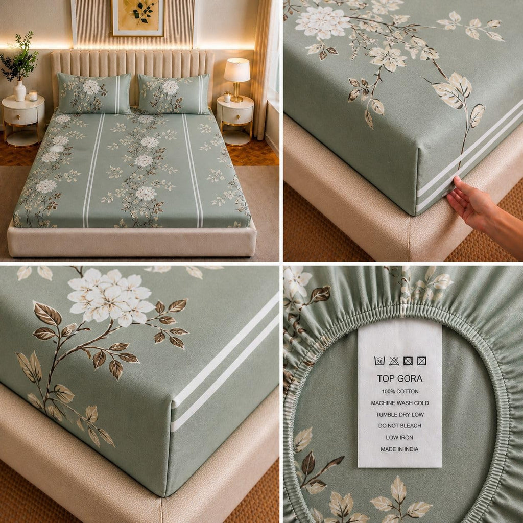 Sage Green Floral Cotton Blend Elastic Fitted Bedsheet with 2 Pillow Covers – SUPER FURNISHING  BUY 1 GET 1 FREE