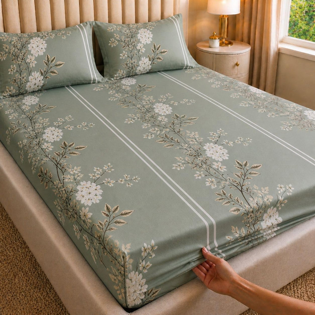 Sage Green Floral Cotton Blend Elastic Fitted Bedsheet with 2 Pillow Covers – SUPER FURNISHING  BUY 1 GET 1 FREE
