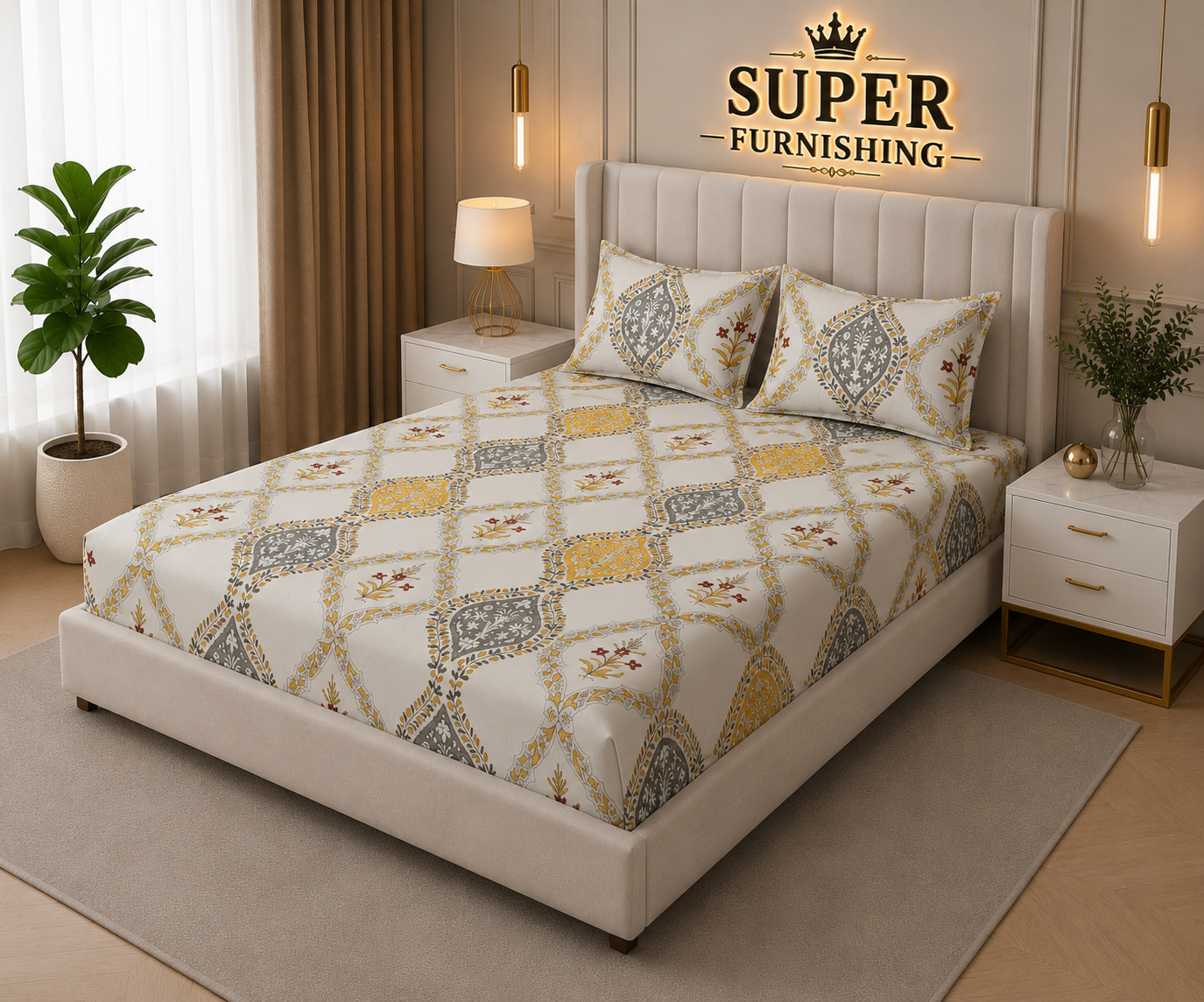 Porcelain Cotton Blend Elastic Fitted King Size Double Bed Bedsheet with 2 Pillow Covers SUPER FURNISHING  BUY 1 GET 1 FREE