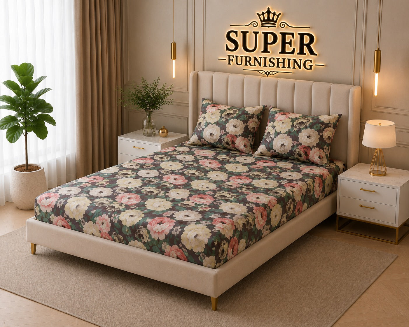 Brown Floral Cotton Blend Elastic Fitted King Size Double Bed Bedsheet with 2 Pillow Covers SUPER FURNISHING  BUY 1 GET 1 FREE
