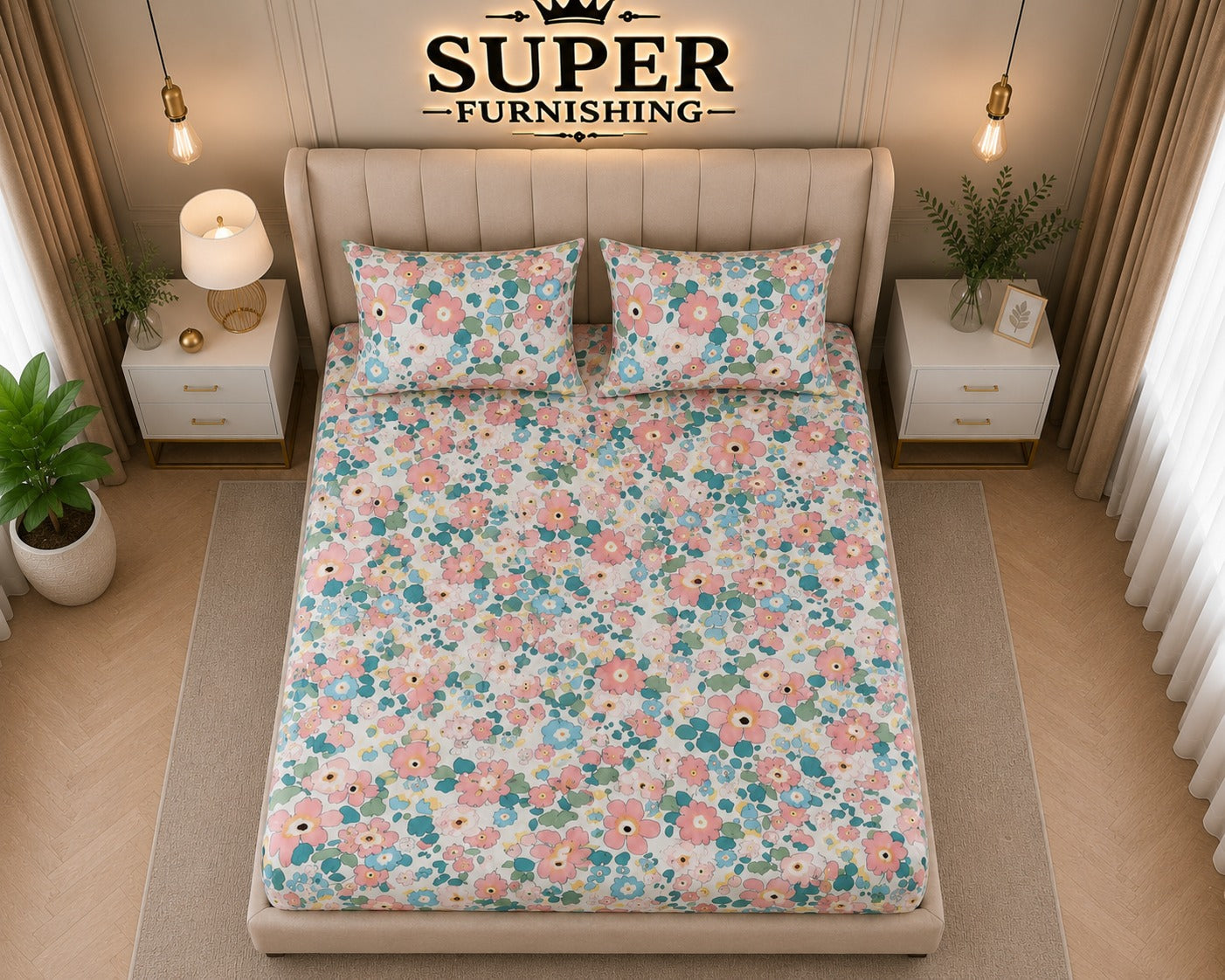 White Floral Cotton Blend Elastic Fitted King Bedsheet with 2 Pillow Covers- Super Furnishing  BUY 1 GET 1 FREE