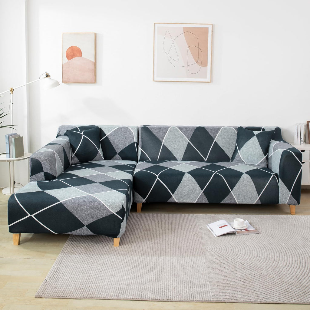 L Shape Sofa Cover-Checkerplaid Blue- Luxury Quality Strechable & Dust-proof Sofa Cover