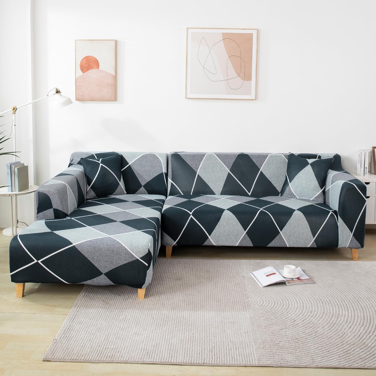L Shape Sofa Cover-Checkerplaid Blue- Luxury Quality Strechable & Dust-proof Sofa Cover