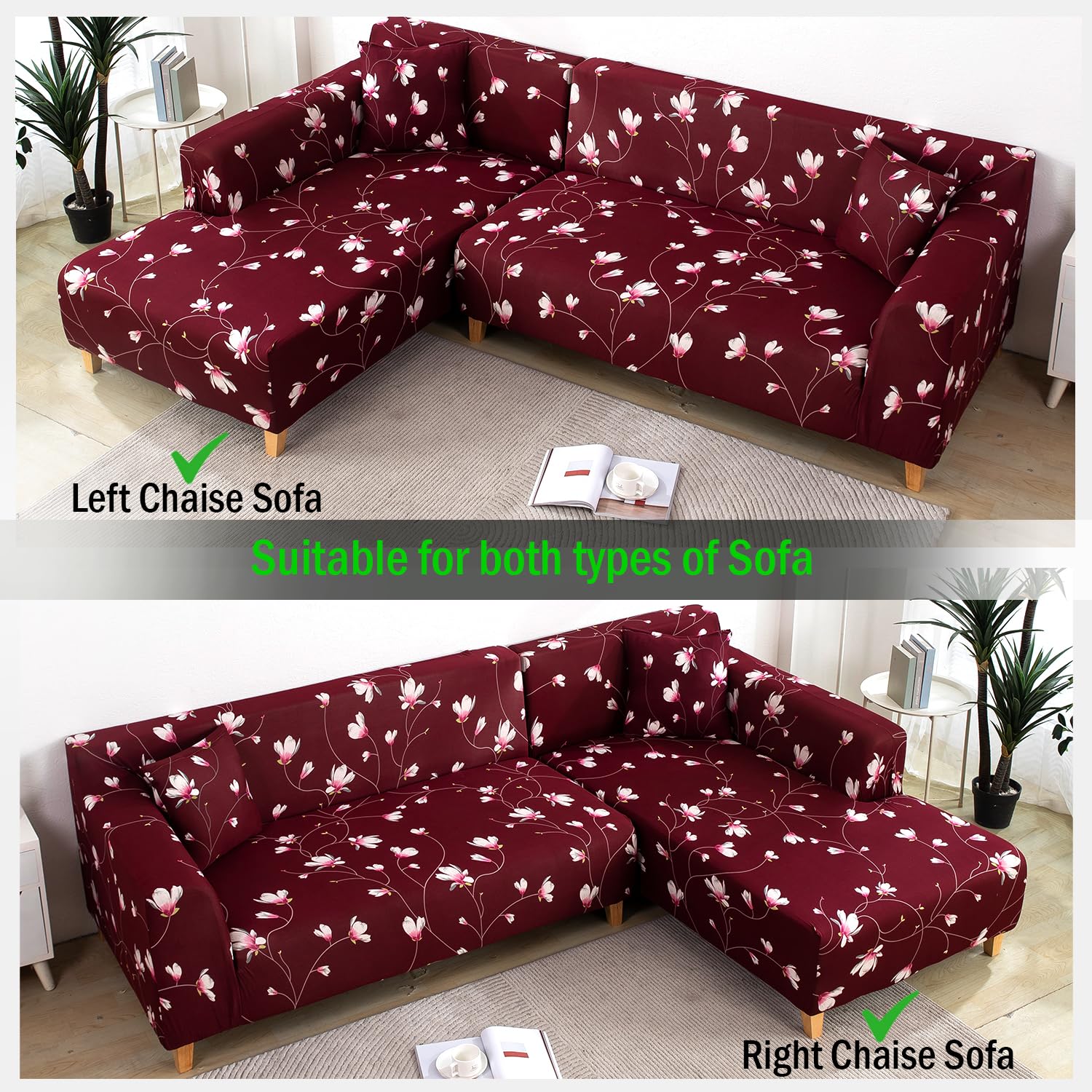 L Shape Sofa Cover-Floral Maroon - Luxury Quality Strechable & Dust-proof Sofa Cover