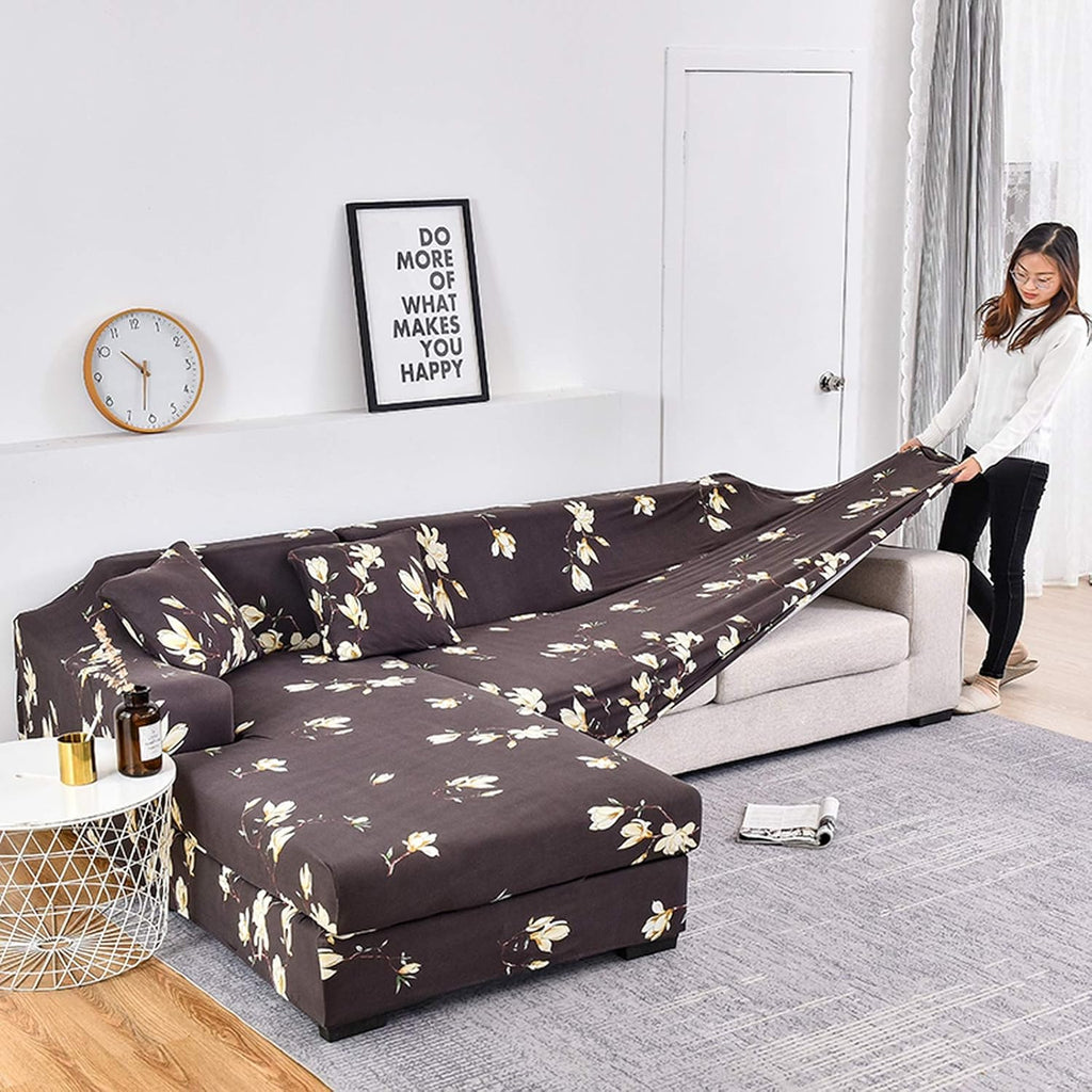 L Shape Sofa Cover- Floral Dark Coffee - Luxury Quality Strechable & Dust-proof Sofa Cover