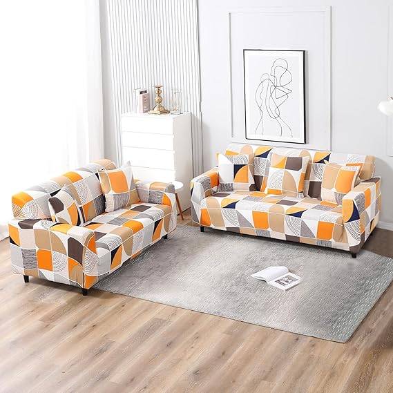ORANGE SQUARE ABSTRACT-Luxury Quality Strechable & Dust-proof Sofa Cover