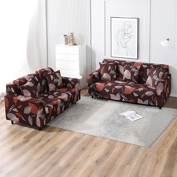 Sofa Cover-Maroon Leaf - Luxury Quality Strechable & Dust-proof Sofa Cover