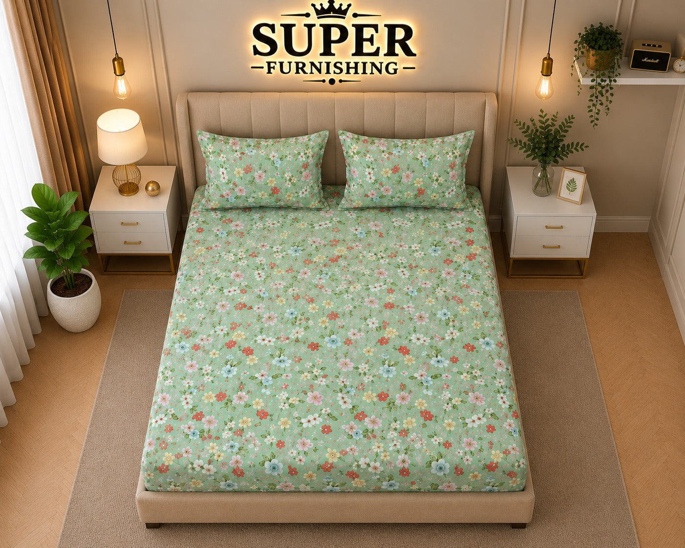Green Floral Cotton Elastic Fitted King Size Double Bed Bedsheet with 2 Pillow Covers - SUPER FURNISHING