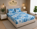 BOGO Blue Blossom Cotton Blend Elastic Fitted King Size Bedsheet - SUPER FURNISHING  BUY 1 GET 1 FREE