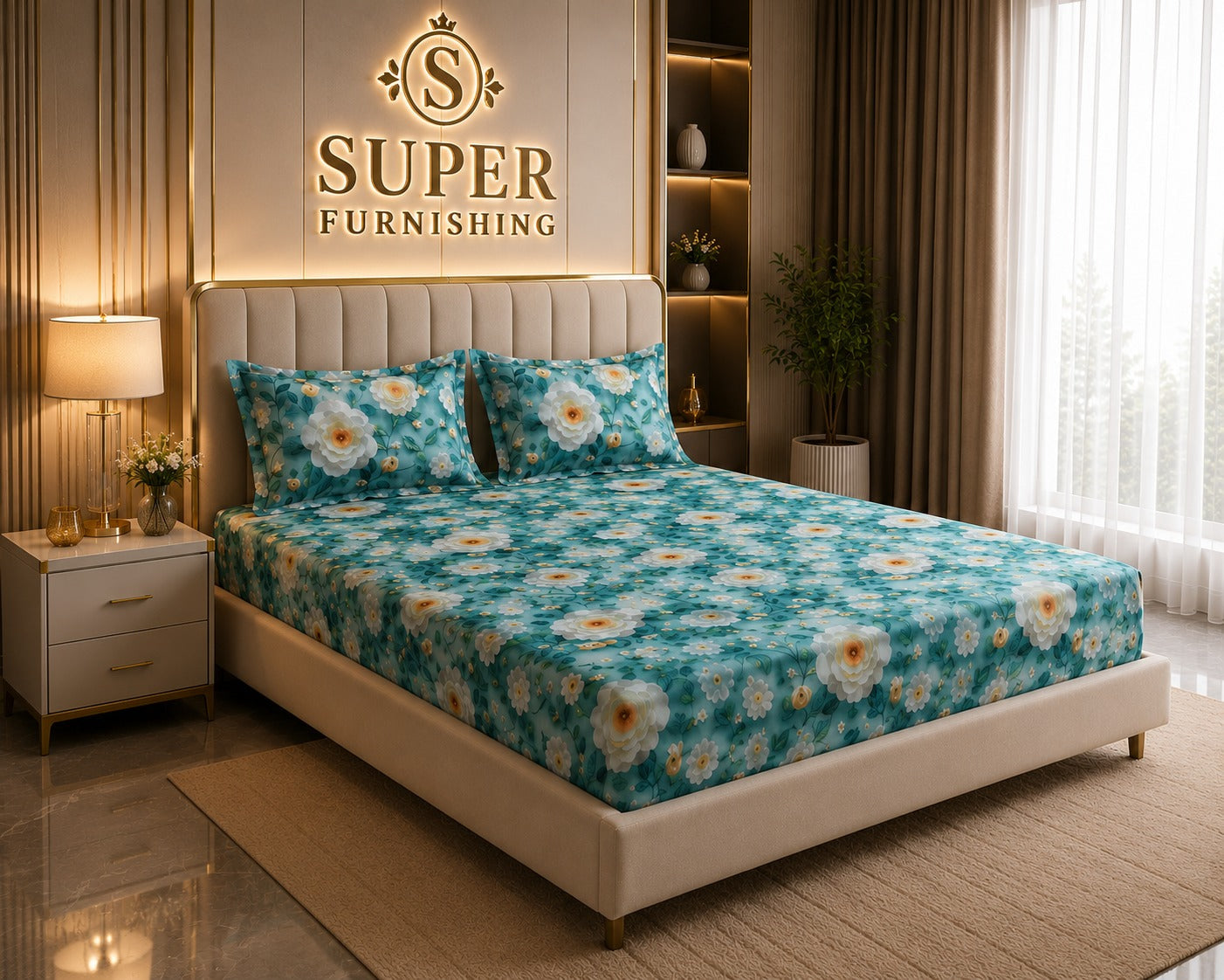 Light Green Cotton Blend Elastic Fitted King Size Double Bed Bedsheet with 2 Pillow Covers SUPER FURNISHING BUY 1 GET 1 FREE