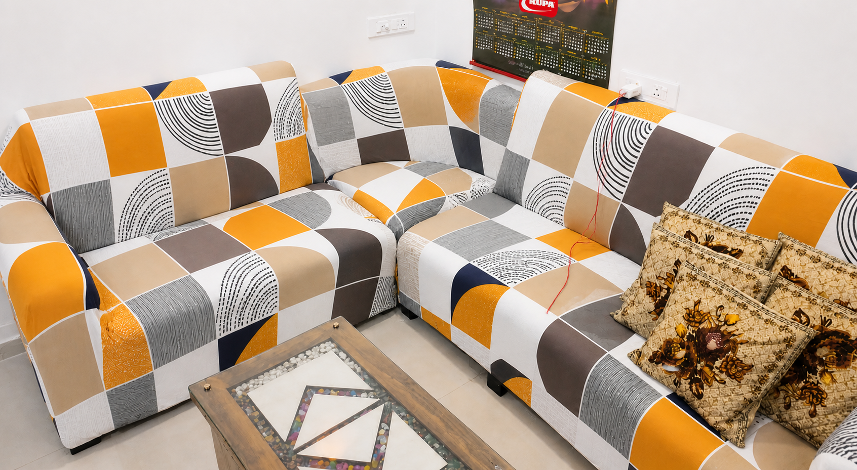 ORANGE SQUARE ABSTRACT-Luxury Quality Strechable & Dust-proof Sofa Cover