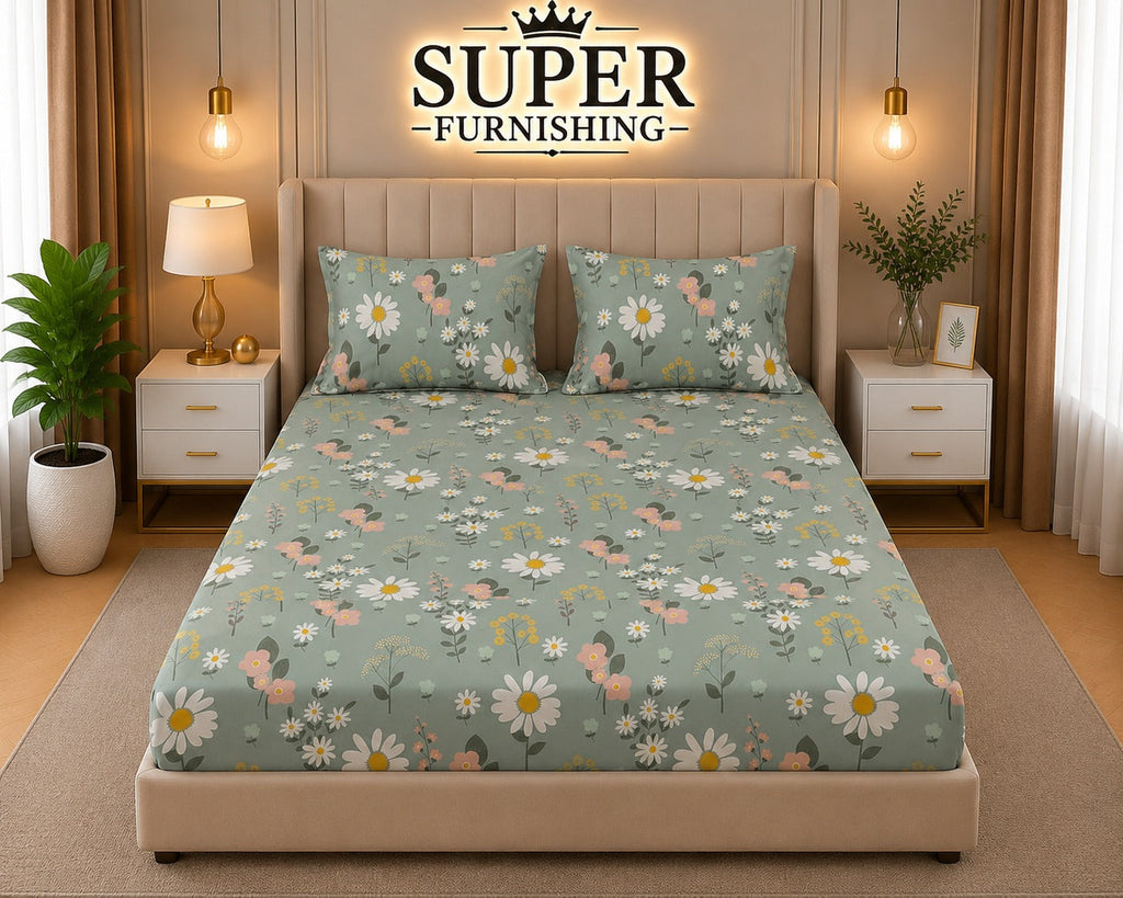 Green Floral Cotton Elastic Fitted King Size Double Bed Bedsheet with 2 Pillow Covers - SUPER FURNISHING