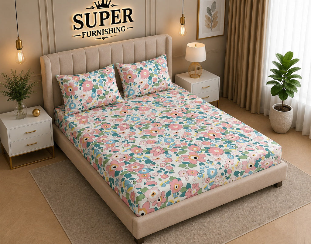 White Floral Cotton Blend Elastic Fitted King Bedsheet with 2 Pillow Covers- Super Furnishing  BUY 1 GET 1 FREE