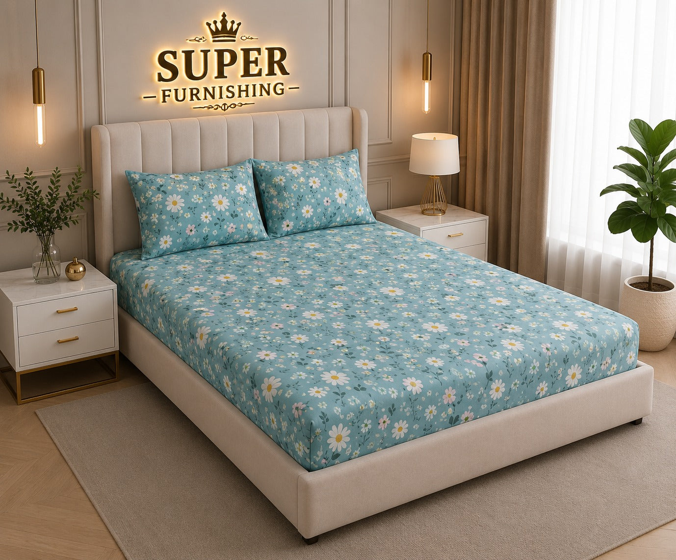 Blue Floral Cotton Elastic Fitted King Size Double Bed Bedsheet with 2 Pillow Covers - SUPER FURNISHING  BUY 1 GET 1 FREE