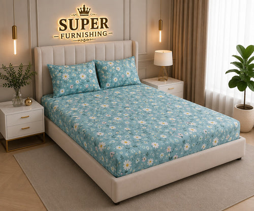 Blue Floral Cotton Elastic Fitted King Size Double Bed Bedsheet with 2 Pillow Covers - SUPER FURNISHING  BUY 1 GET 1 FREE