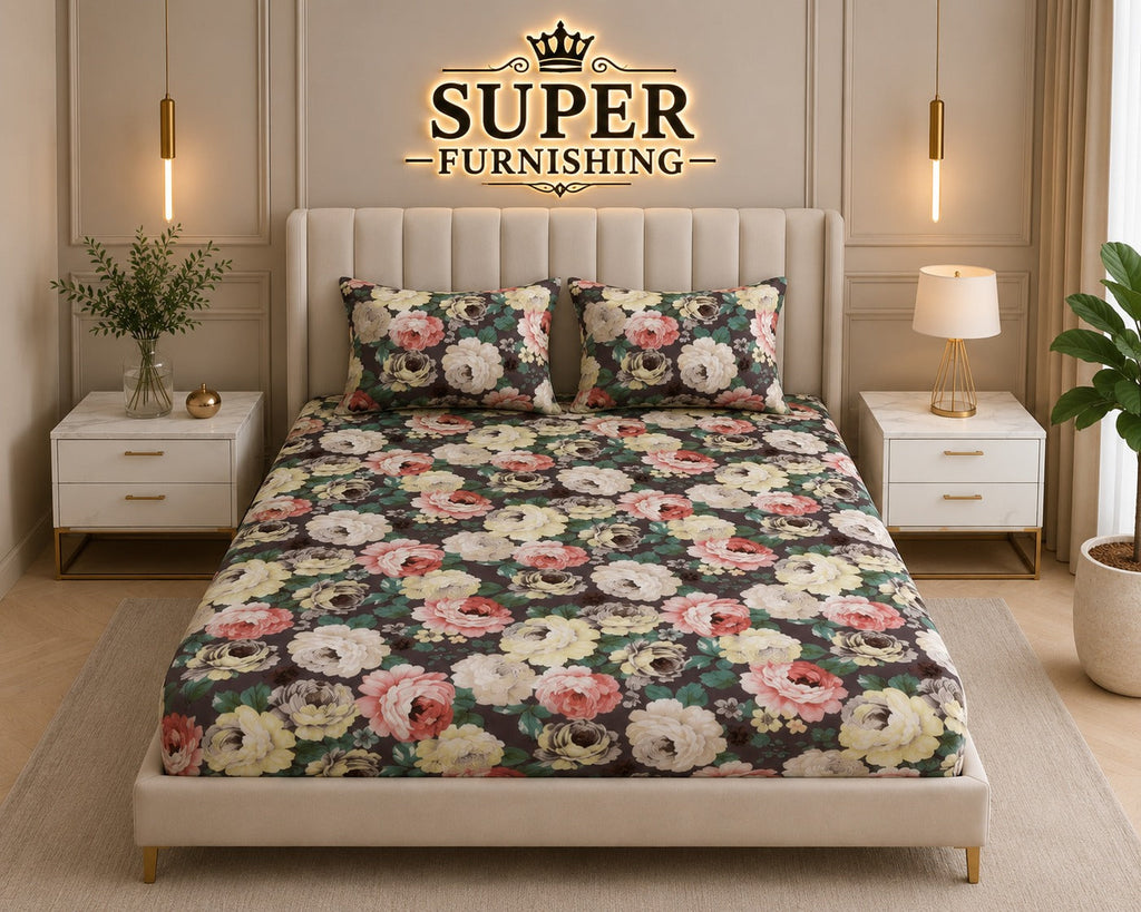 Brown Floral Cotton Blend Elastic Fitted King Size Double Bed Bedsheet with 2 Pillow Covers SUPER FURNISHING  BUY 1 GET 1 FREE