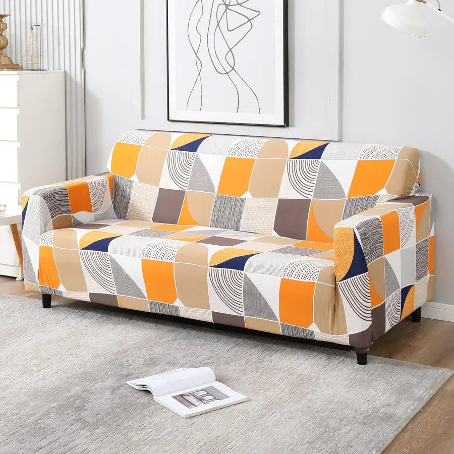 ORANGE SQUARE ABSTRACT-Luxury Quality Strechable & Dust-proof Sofa Cover