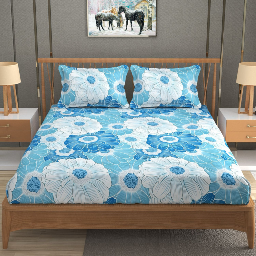 BOGO Blue Blossom Cotton Blend Elastic Fitted King Size Bedsheet - SUPER FURNISHING  BUY 1 GET 1 FREE
