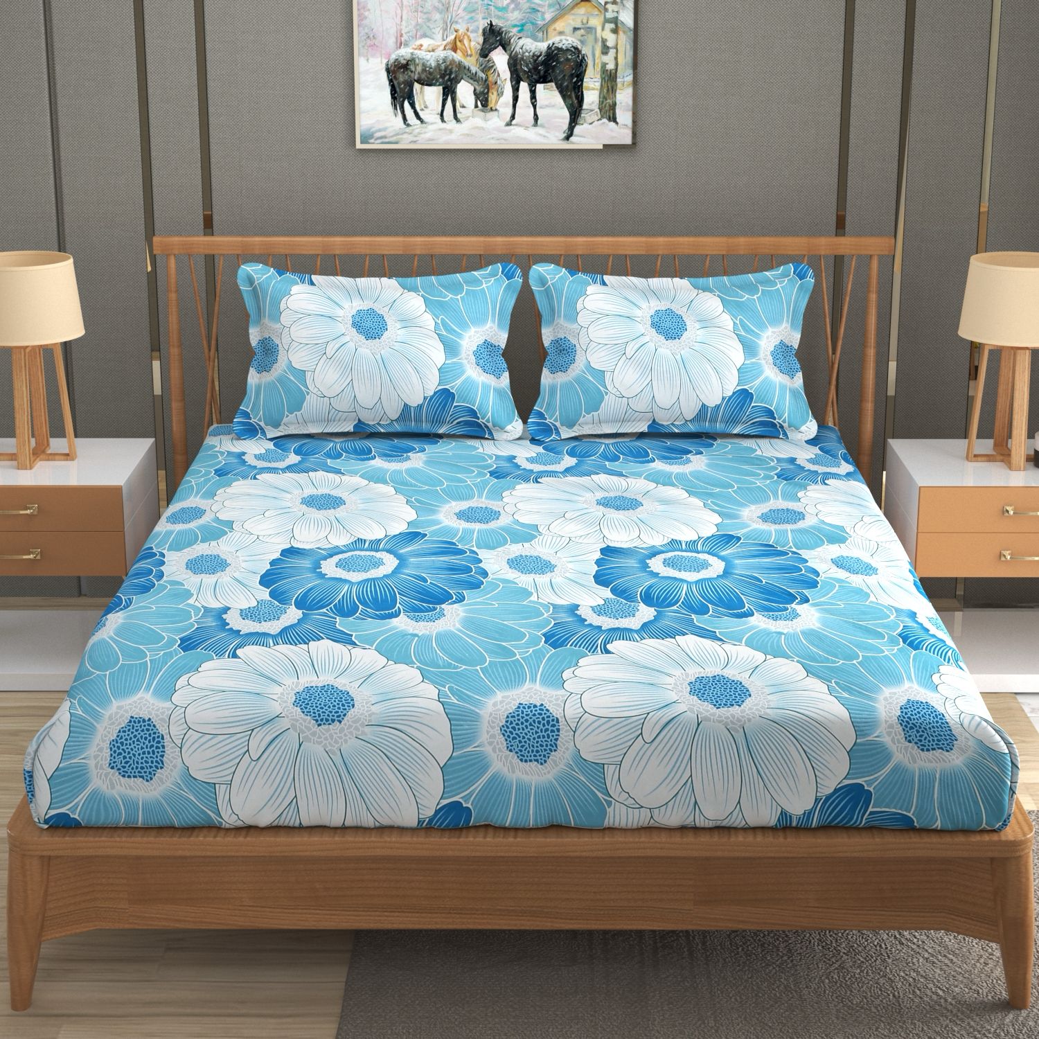 BOGO Blue Blossom Cotton Blend Elastic Fitted King Size Bedsheet - SUPER FURNISHING  BUY 1 GET 1 FREE