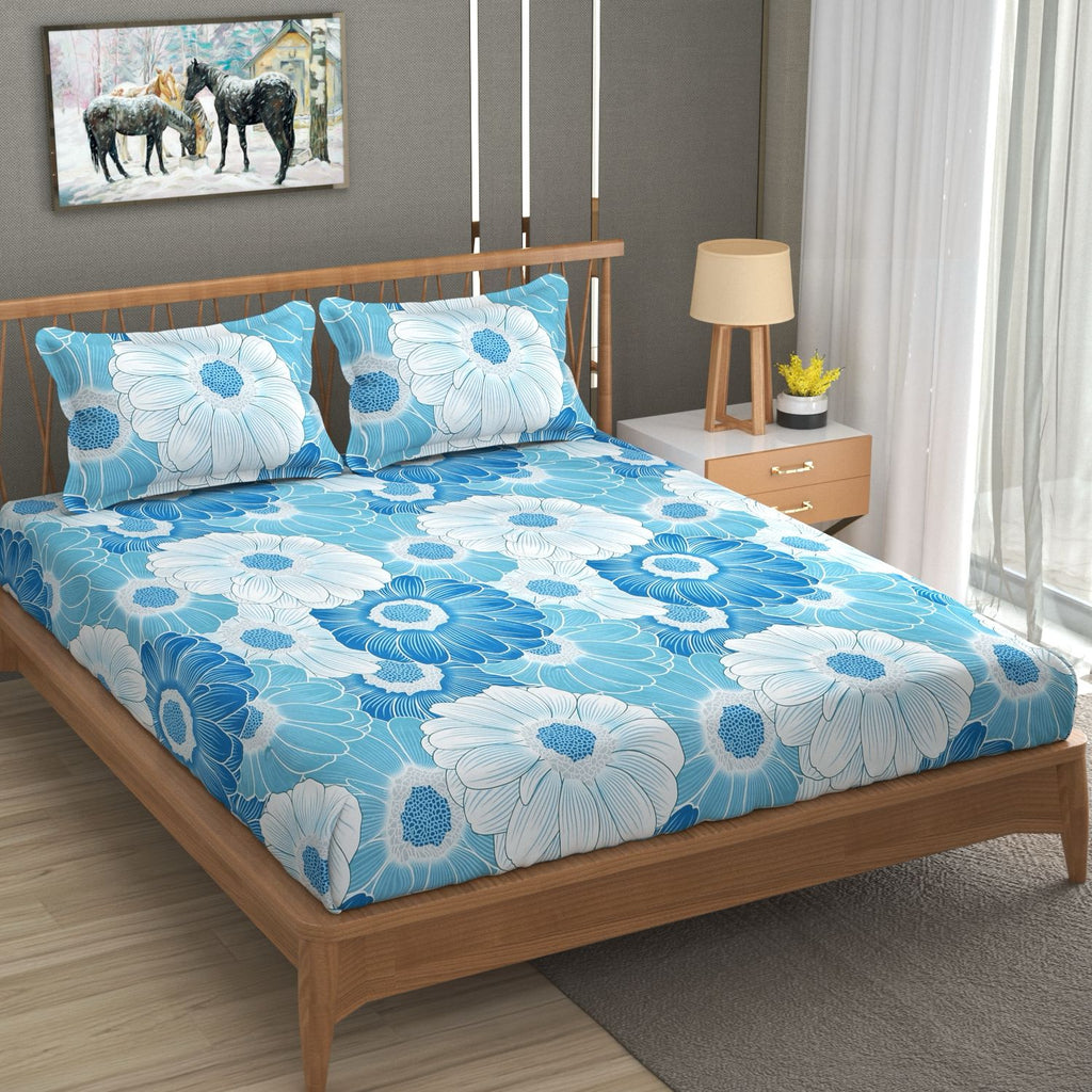 BOGO Blue Blossom Cotton Blend Elastic Fitted King Size Bedsheet - SUPER FURNISHING  BUY 1 GET 1 FREE