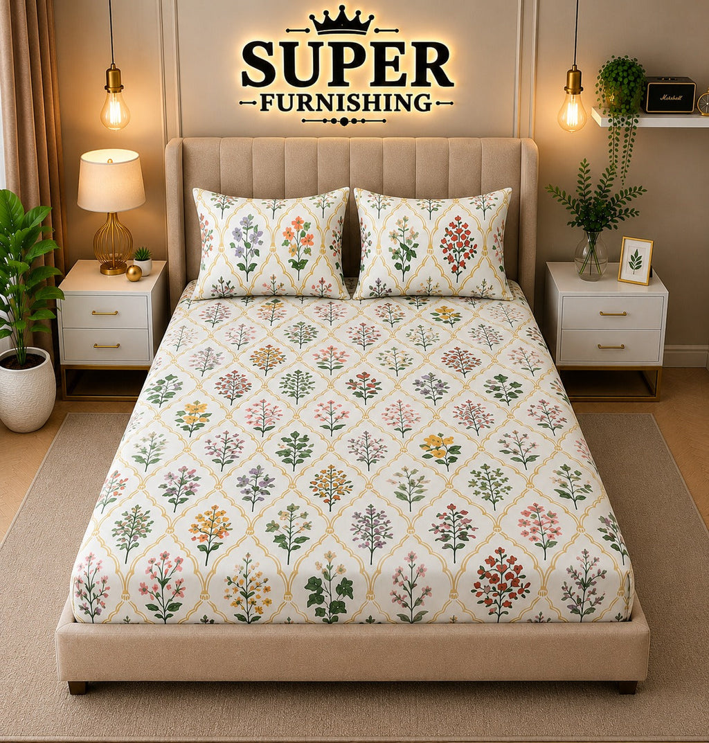 Ceramica Cotton Blend Elastic Fitted King Bedsheet with 2 Pillow Covers - SUPER FURNISHING  BUY 1 GET 1 FREE