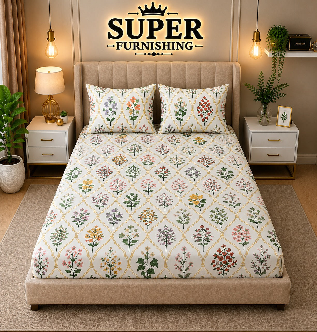 Ceramica Cotton Blend Elastic Fitted King Bedsheet with 2 Pillow Covers - SUPER FURNISHING  BUY 1 GET 1 FREE