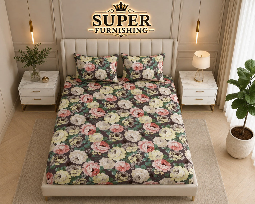 Brown Floral Cotton Blend Elastic Fitted King Size Double Bed Bedsheet with 2 Pillow Covers SUPER FURNISHING  BUY 1 GET 1 FREE