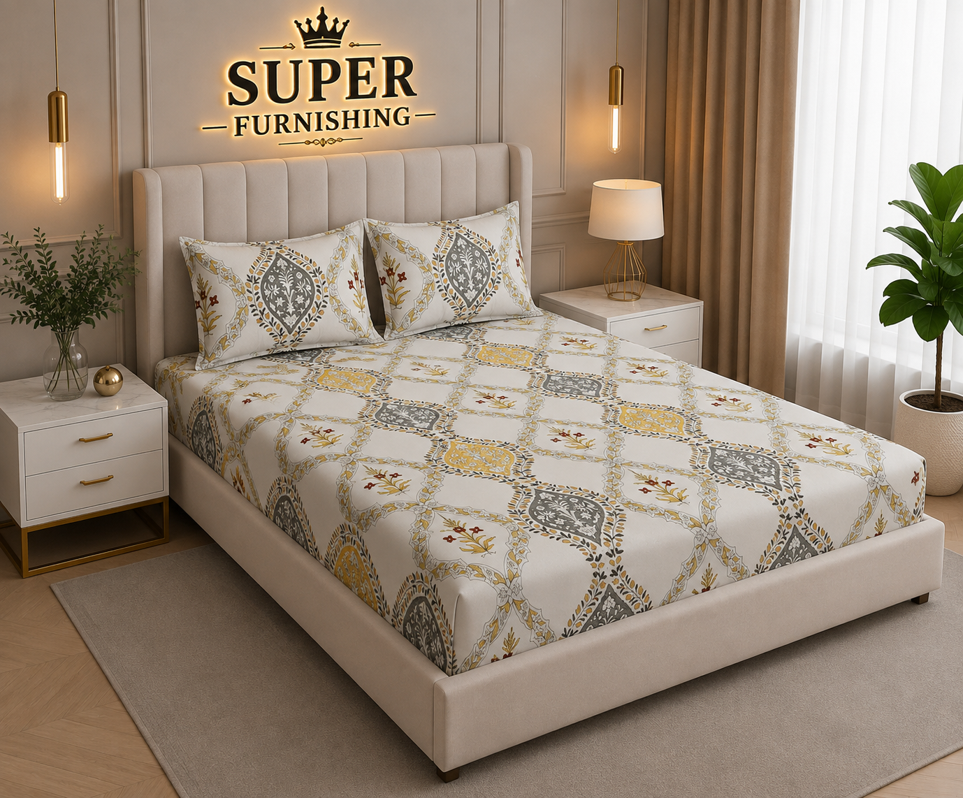 Porcelain Cotton Blend Elastic Fitted King Size Double Bed Bedsheet with 2 Pillow Covers SUPER FURNISHING  BUY 1 GET 1 FREE