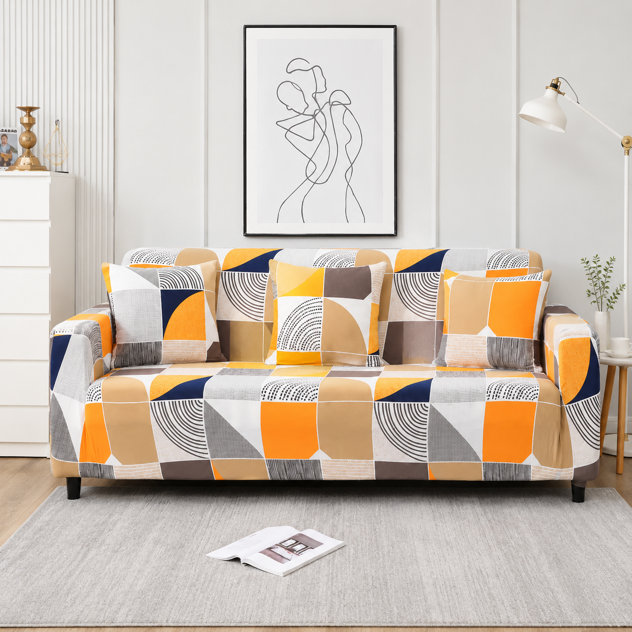 ORANGE SQUARE ABSTRACT-Luxury Quality Strechable & Dust-proof Sofa Cover