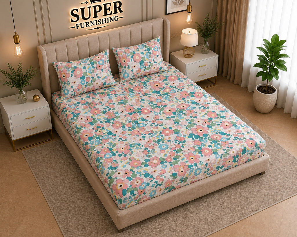 White Floral Cotton Blend Elastic Fitted King Bedsheet with 2 Pillow Covers- Super Furnishing  BUY 1 GET 1 FREE