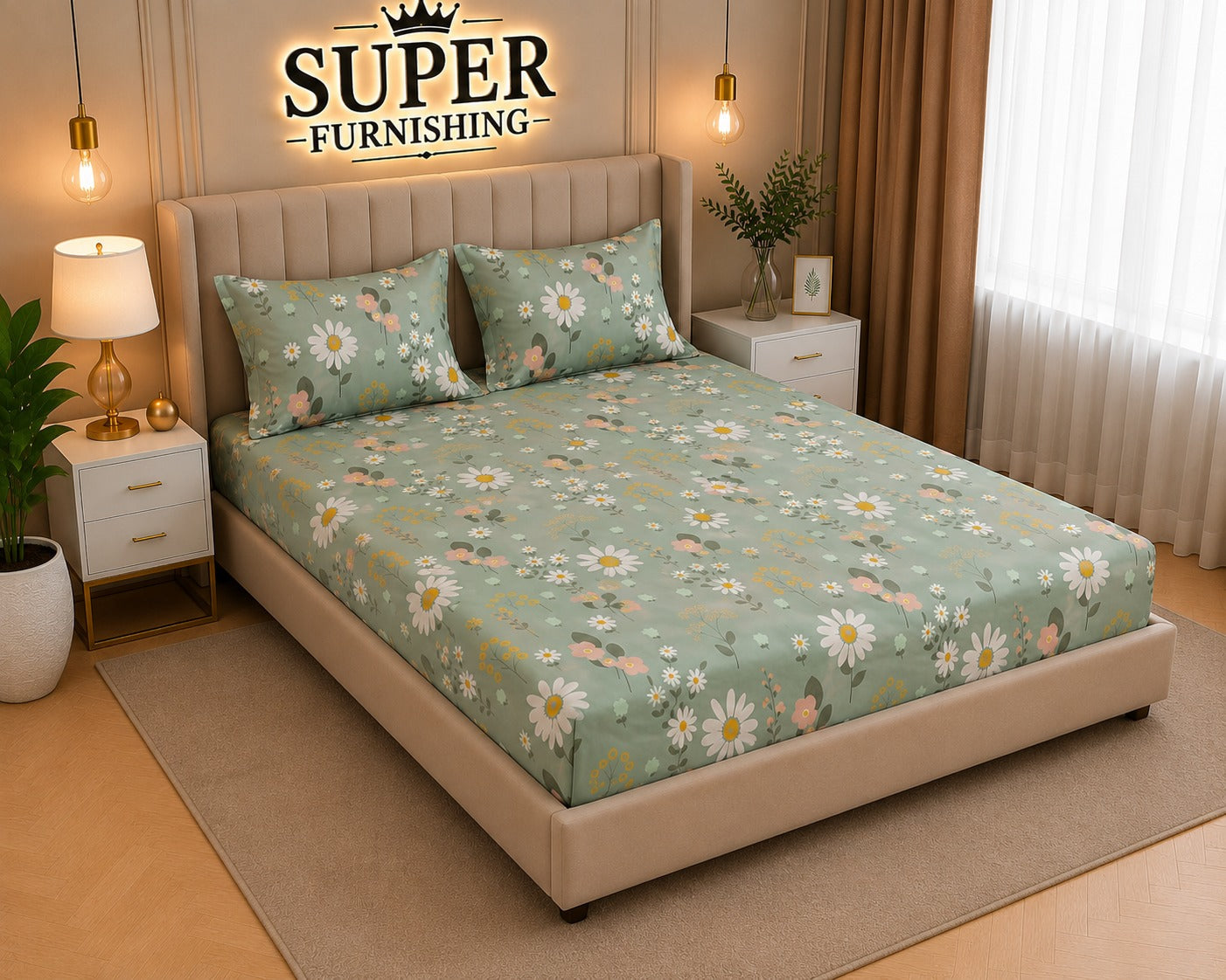 Green Floral Cotton Elastic Fitted King Size Double Bed Bedsheet with 2 Pillow Covers - SUPER FURNISHING