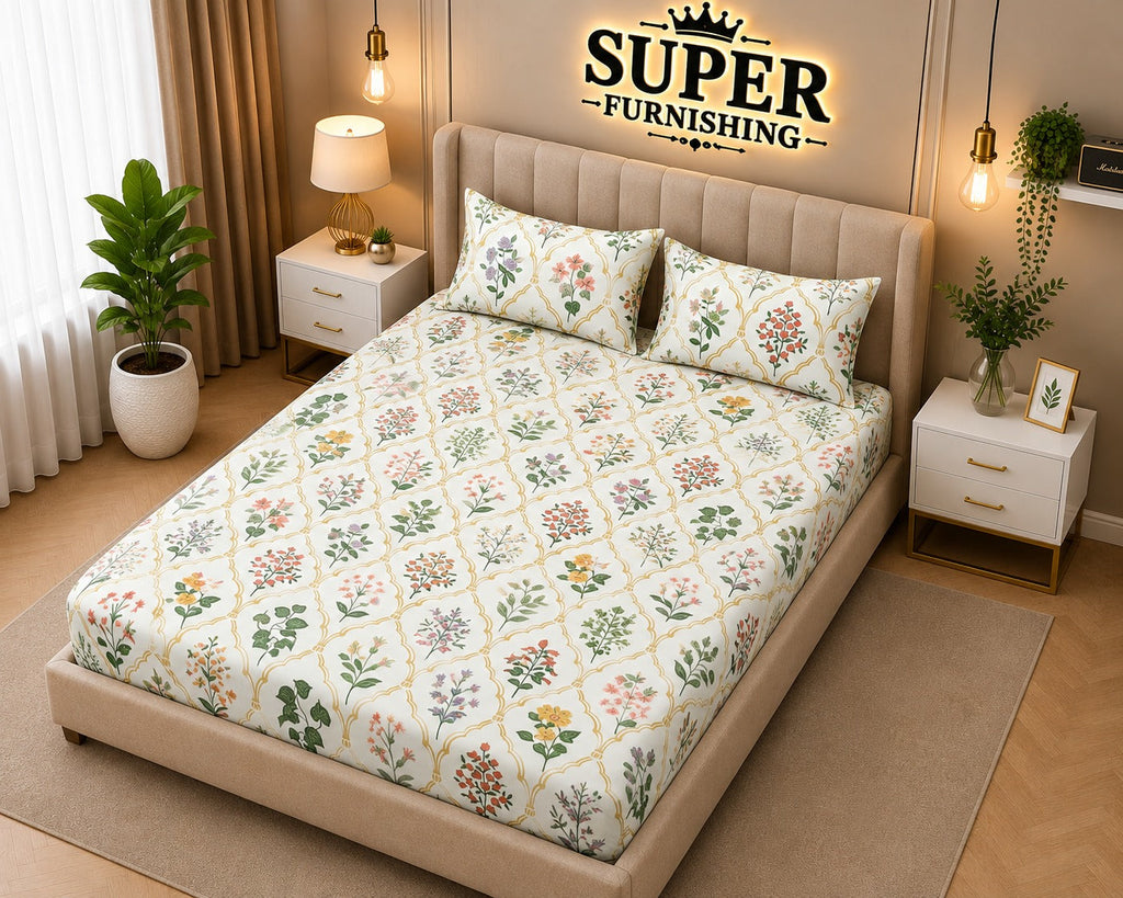 Ceramica Cotton Blend Elastic Fitted King Bedsheet with 2 Pillow Covers - SUPER FURNISHING  BUY 1 GET 1 FREE
