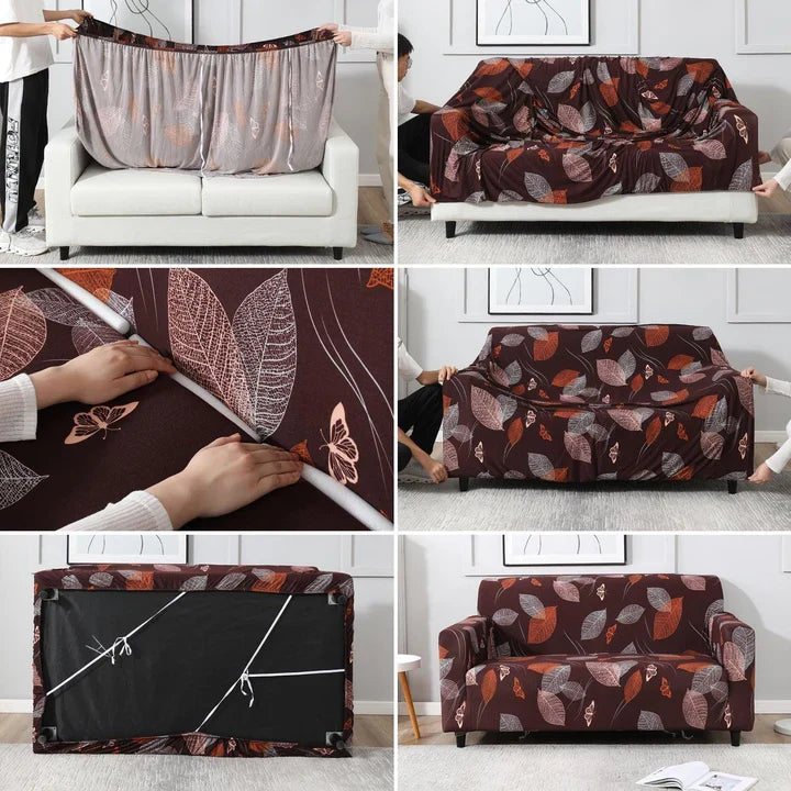 Sofa Cover-Maroon Leaf - Luxury Quality Strechable & Dust-proof Sofa Cover